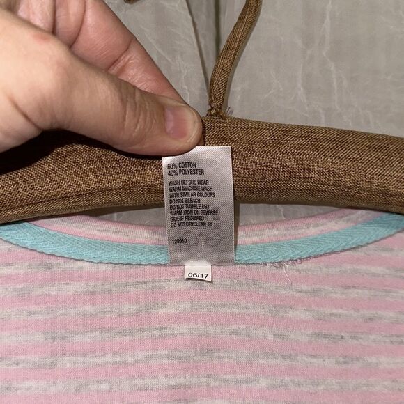 love to lounge 10-12 Crewneck Pink Heather Gray Striped “TIRED adjective” Tee - Picture 9 of 10